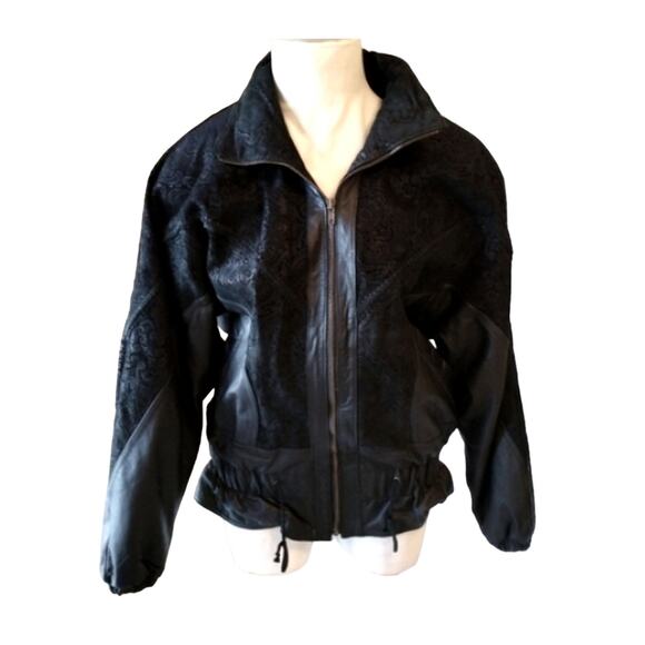 Y2K Bomber Jacket Sz M Black Texture Leather Patchwork Moto Collect VNT 80s - Picture 5 of 16
